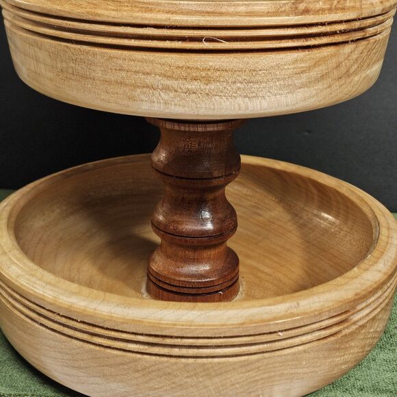 Vtg Turned Wood 2 Tier Tray Round Handmade Table Decor Serving 2 Tones Etagere - Picture 3 of 12